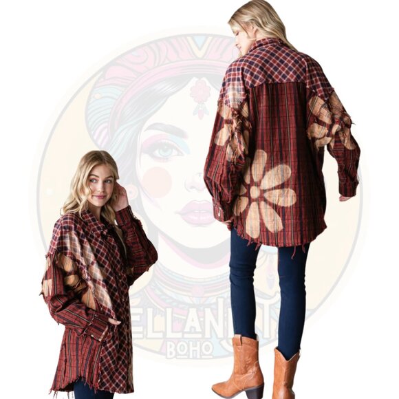 T954 OLI & HALI Rust Bleached Flower Plaid Button Up Flannel Shirt - Picture 3 of 3